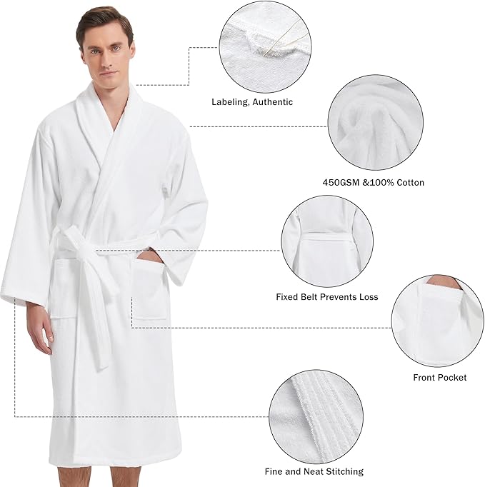 Men's Robe,Pure Cotton Robe for Men,Absorbent Bathrobe,Luxurious Terry Cloth Bathrobe with Shawl Collar