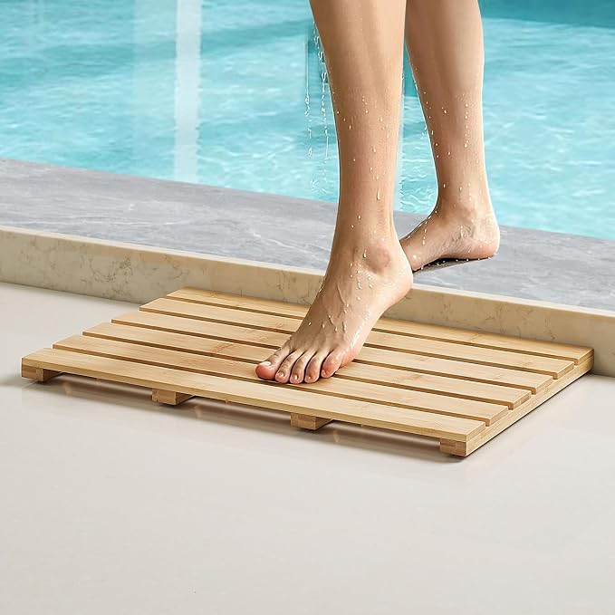 Bamboo Bath Mat for Tub, Non Slip Bath Mat for Shower, Waterproof Wood Bath Mat for Tub, Shower, Swimming Pool, Indoor ＆ Outdoor (21.3"*14.2")