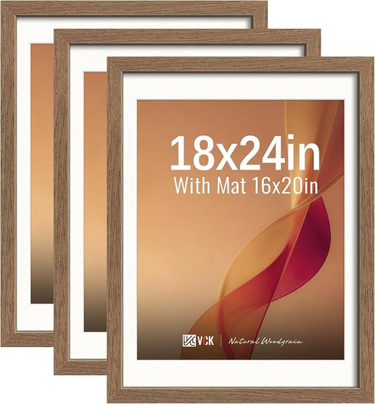VCK 18x24 Poster Frames Walnut 3 Pack, Wide Border Wood, Display 18x24 Picture Photo with Mat or 16 x 20 Without, for Home, Office, Gallery, Woodgrain Series, Wall Hanging