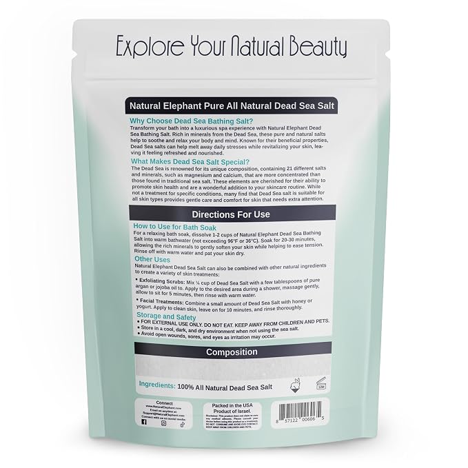 Natural Elephant Dead Sea Salt for Soaking & Bathing | 5 Pound Bag (80oz) | Fine Grain | 100% Natural and Pure