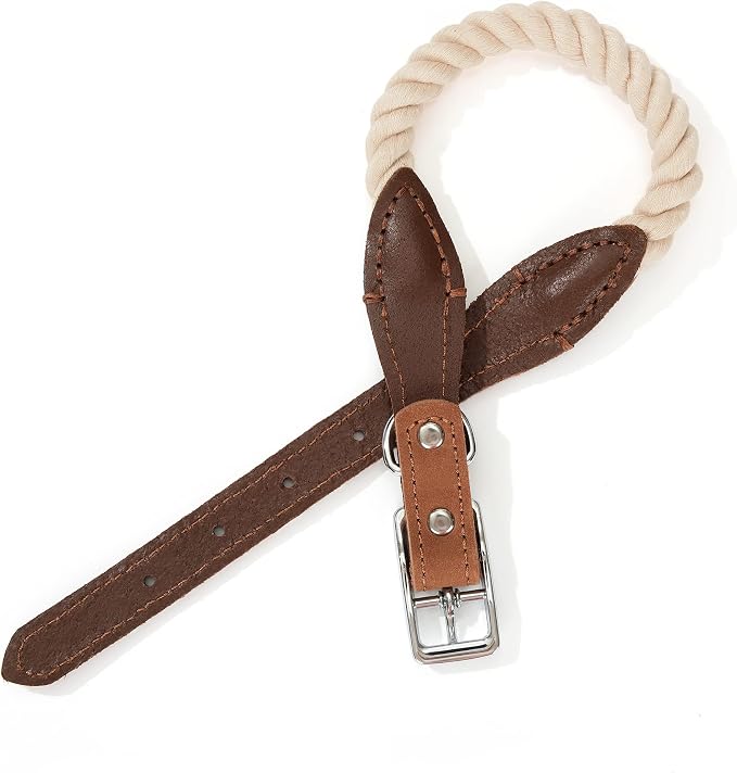 Mile High Life Genuine Leather Dog Collar, Durable Braided Cotton Rope Collar with Metal Pin Buckle for Small Medium Large Dogs (Beige, L Neck 17"-21")