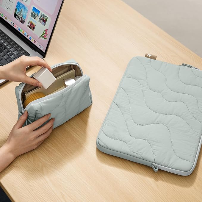 tomtoc 360 Protective Puffy Laptop Sleeve Set for 15-inch MacBook Air M5/A3448 (2026), M4/A3241, M3/A3114, M2, Quilted Soft Puffer Bag with a Tech Pouch for 15" Surface Laptop 7(Copilot+ PC)/6/5/4/3