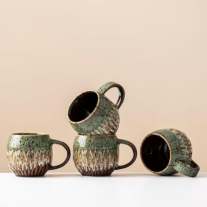 13oz Large Coffee Mug - Unique Handcrafted Look Ceramic Cup, Large Tea Mug, Microwave & Dishwasher Safe (green,Set of 4)