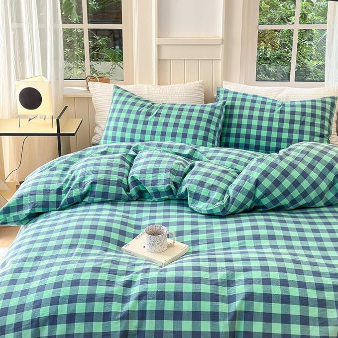 FACE TWO FACE Bedding Duvet Cover Set100% Washed Cotton Duvet Cover Linen Like Textured Breathable Durable Soft Comfy (King, Blue Green Grid)