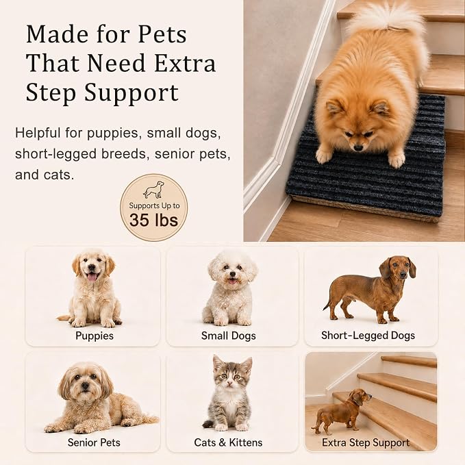 2 Pack Dog Ramp for Stairs – Solid Wood Adjustable & Foldable, 4 Heights, Non-Slip Silicone Base, Traction Felt, Raised Pause Strip, 35lb for Small & Senior Dogs