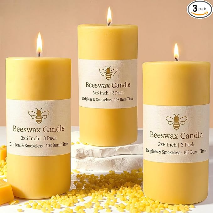3x6 Inch Beeswax Pillar Candles, 3 Pack 309 Hour Large Bees Wax Candle for Home Emergency Candles, Beeswax Pillar Candle for Home Holidays Decor Spa Relaxation