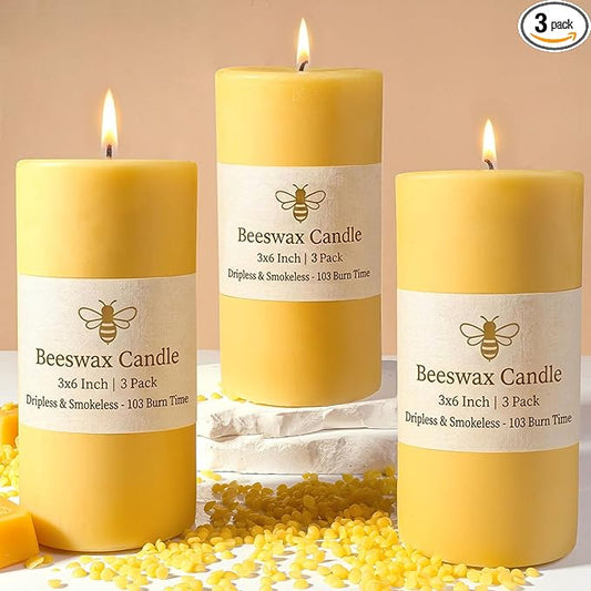 3x6 Inch Beeswax Pillar Candles, 3 Pack 309 Hour Large Bees Wax Candle for Home Emergency Candles, Beeswax Pillar Candle for Home Holidays Decor Spa Relaxation