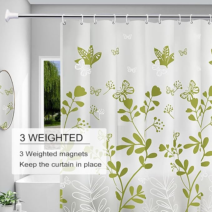 TIKABC Shower Curtain Liner, 4G PEVA Shower Liner, Plastic Waterproof Shower Curtains, with Grommet Holes and 3 Magnetic Weights(Butterfly)