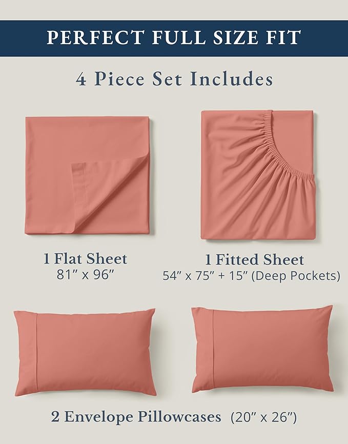 LANE LINEN 100% Organic Cotton Full Sheets Set, 4-Piece Pure Organic Cotton Percale Sheets, Long Staple Cotton Sheet, Ultra Soft Bedding Sheets, Breathable,Fits Mattress Upto 15" Deep - Rose Dawn