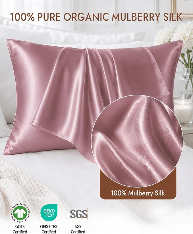 SilkSilky 100% Pure Organic Mulberry Silk Pillowcase for Hair & Skin, Both Sides Grade 6A Pillow Cases with Hidden Zipper, Breathable Cooling Silk for Beauty Sleep (Standard 20''x26'', PaleMauve)