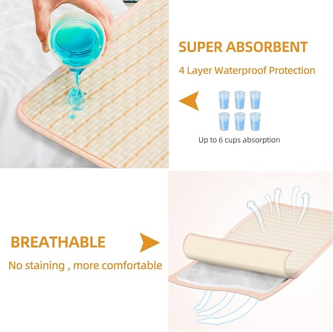 Bed Pads for Incontinence Washable, 3 Packs 36x34 Inch Reusable Waterproof Soft Wetting Pee Underpad for Adults, Elderly, Seniors, Women, Kids & Pets, Machine Washable Pad for Bed, Sofa-Beige