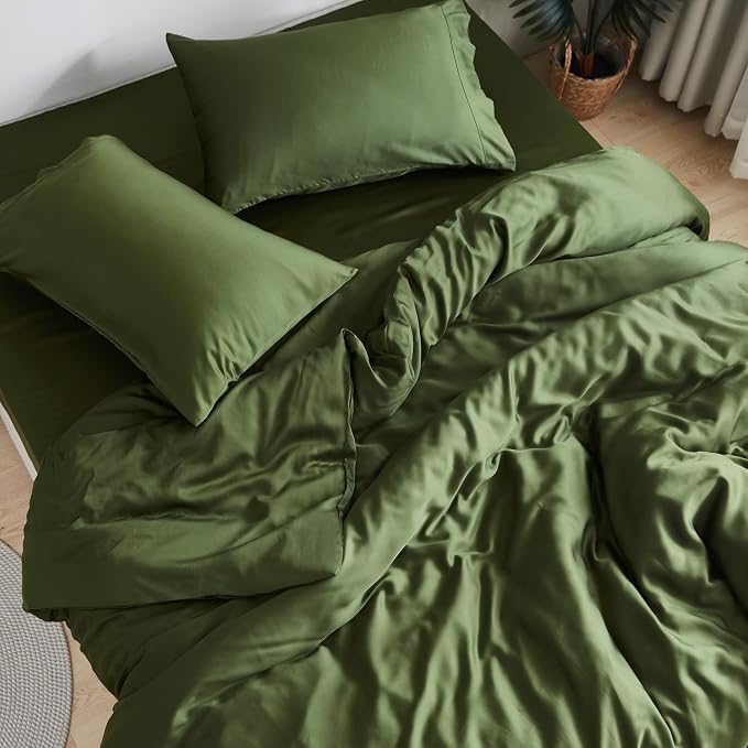 DOZ Sheet Set, 100% Viscose derived from Bamboo, Organically Grown, Buttery Soft, Cooling Sheets, High GSM, Deep Pockets - 3 Piece - 2 Pillowcases 1 Fitted Sheet (Forest, Queen)