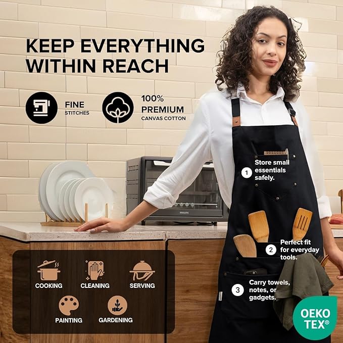 Cotton Canvas Apron for Women & Men – Adjustable Neck Strap & Waist Ties with Pockets