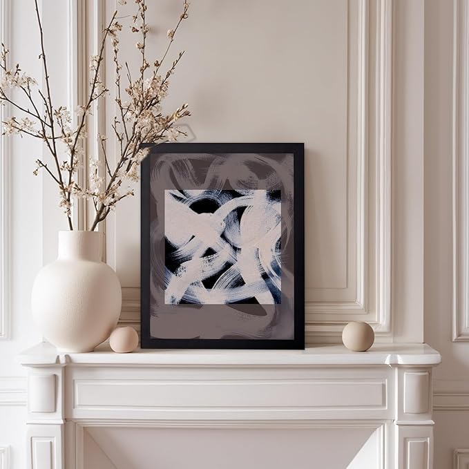 Monem Art Monochrome Abstract Brushstroke Painting Print - Modern Minimalist Graphic Art Poster - Wall Decor for Living Room, Bedroom or Office - 8x10 Black Framed Wall Art by Mareike Bohmer