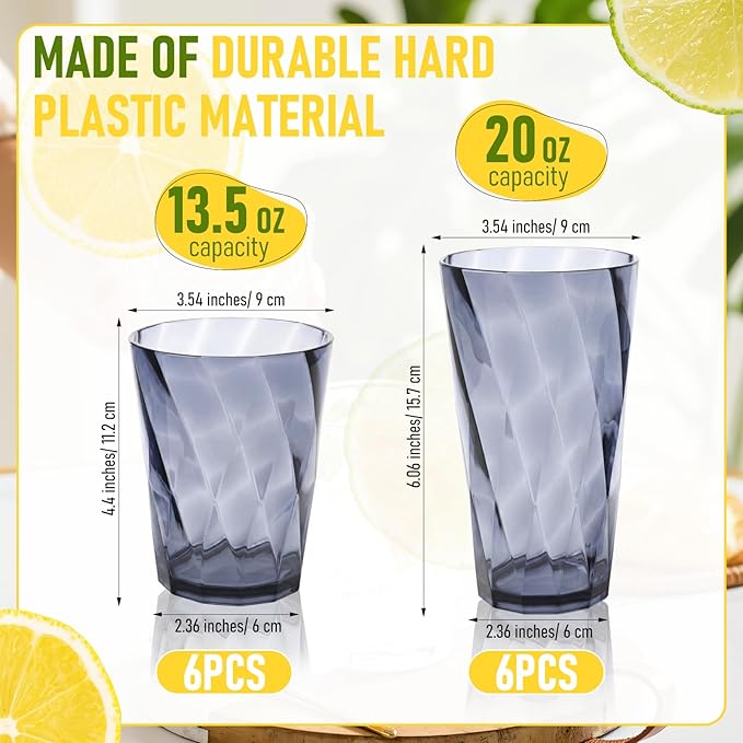 LemonRoad 12 Pack Reusable Plastic Drinking Glasses Set - 20oz & 13.5oz Stackable Tumbler, Shatter-resistant Highball Cups for Water, Cocktail, Iced Coffee, Indoor Outdoor Use, BBQ, Patio, Pool (Grey)