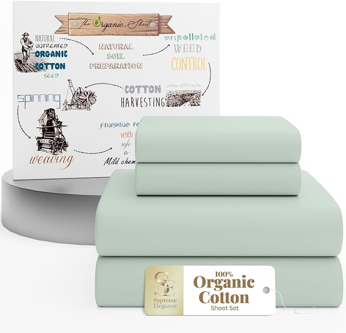 SUPREME ELEGANCE 4Pc 100% Organic Cotton Queen Sheets Set, Pastel Green, Cooling Percale, Deep Pocket Fitted Sheet, Fits 16" Mattresses, Breathable Bed Sheets & Pillowcases Set, Crisp Bedding
