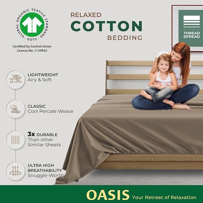 THREAD SPREAD 100% Organic Cotton Percale Flat Sheet Twin XL Size - 1 PC Flat Sheet, Taupe - Crisp, Cool and Strong Bed Linen, Top Sheets for Hot Sleepers, Luxury Breathable GOTS Certified Sheets