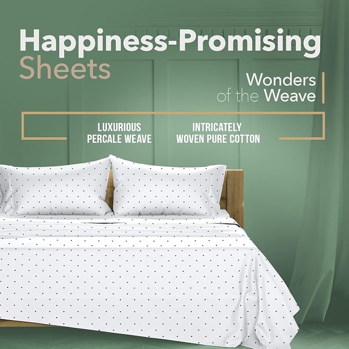 TEXAS LINEN CO. 100% Organic Cotton Percale Sheets Full Size - 4 PC Organic Cotton Full Size Percale Printed Sheet Sets, Soft, Crisp, Cooling Sheets, 16" Deep Pocket Hotel Set - Navy Blue Polka Dot
