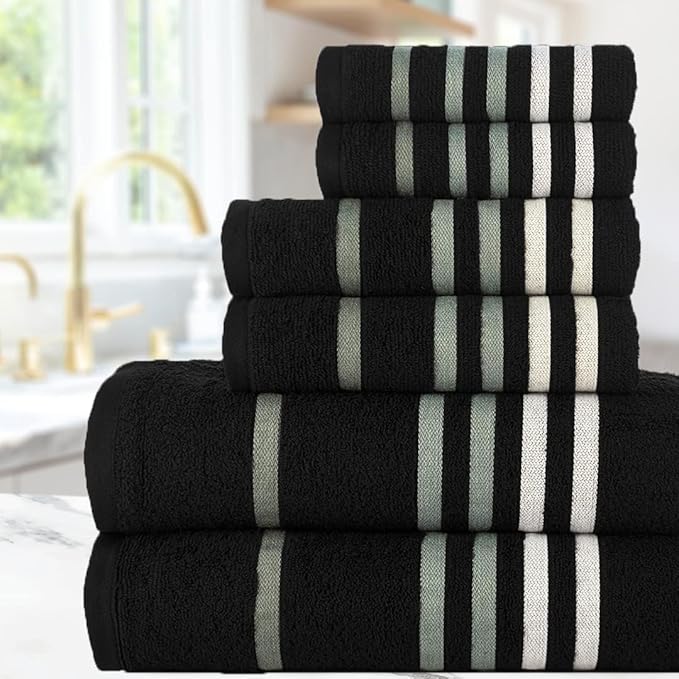CASA COPENHAGEN Exotic 6Pcs 100% Egyptian Cotton Designer Towels Gift Set- Black,550GSM,2Bath2Hand2Washcloths,Bath Towels for Bathroom (Box Pack,Gift Ribbon Set for Women & Men)
