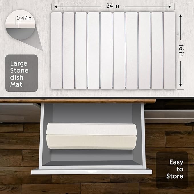 Large Stone Dish Drying Mat for Kitchen Counter, 24"(L)×16"(W), Collapsible Quick Drying Dish Mats, Ultra Absorbent Diatomaceous Earth Mats for Dishes Bottles Cups, Match Any Countertop