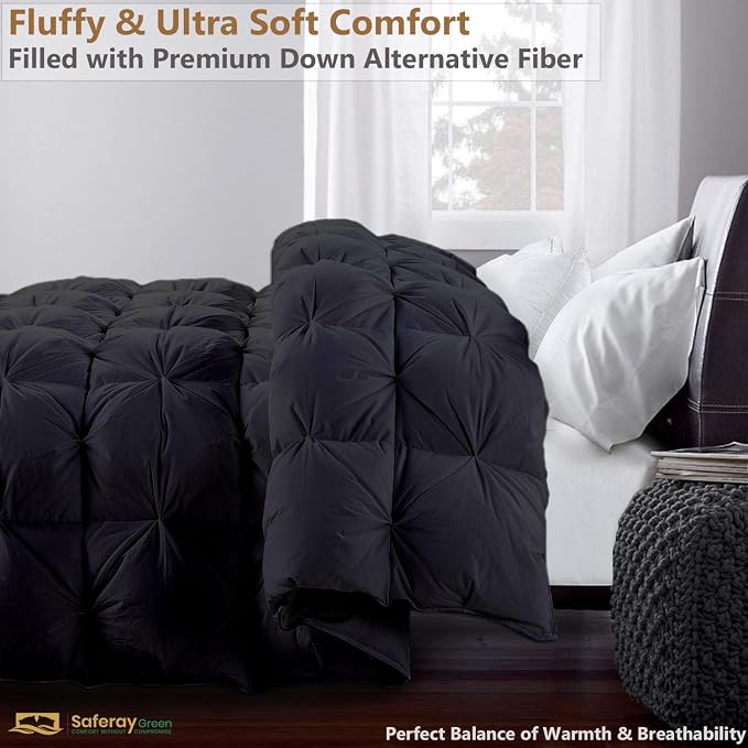 Over Queen Size Down Alternative Comforter 98x98 Inch Black – 500 GSM Ultra Soft Breathable, Luxury Pintuck Pinch Pleat, All Season Duvet Insert with Corner Tabs, Machine Washable