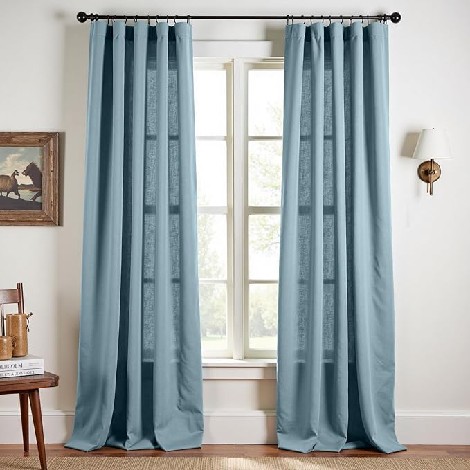 jinchan Blue Linen Blend Curtains 96 inch Length 2 Panels for Bedroom Living Room, Floor to Ceiling 50 inch Wide Farmhouse Drapes with Rod Pocket Back Tab(50W x 96L, Blue)