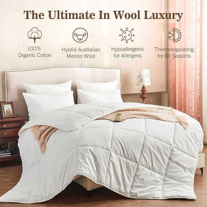 Hybrid Australian Wool Comforter Full Size with 100% Organic Cotton, Hypoallergenic Luxury Duvet Insert with Tabs, Temperature Regulating All-Season Bedding, White