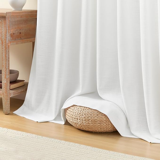 IVAPUPU Pinch Pleated Linen Curtains Extra Wide 70 x 84 Inches Long for Living Room, Farmhouse Sheer Curtain Light Filtering Drapes Memory Trained Ceiling Curtain with Hooks, Snow White, 1 Panel