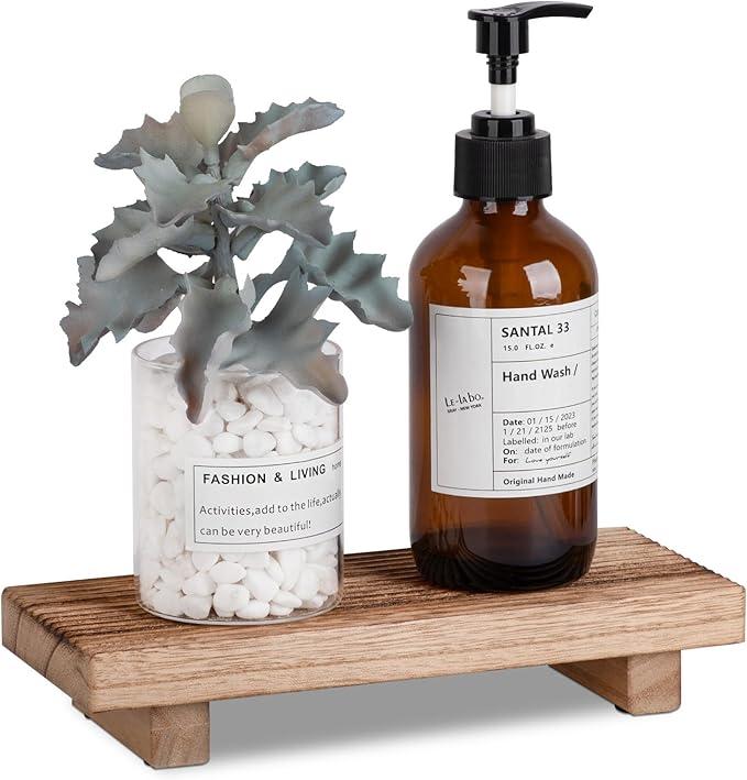 Bathroom Tray Farmhouse Decor Pedestal Stand Wood Riser Display Kitchen Accessories Soap Holder for Sink, Counter, Vanity, 8.7 * 3.6 Brown