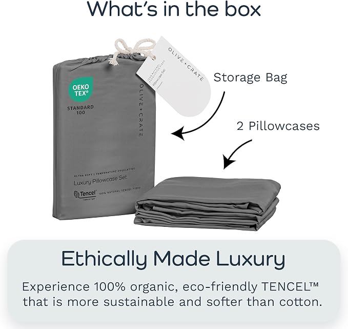 Olive + Crate Tencel Eucalyptus Pillowcases - 100% Tencel Lyocell Cooling Pillow Cases for Hot Sleepers - Hypoallergenic, Moisture-Wicking, Silk Alternative, Vegan - King Size Set of 2 [Stone Gray]