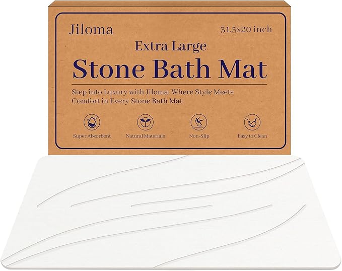Jiloma Stone Bath Mat Diatomaceous Earth Shower Mat Non-Slip Super Absorbent Bathroom Floor Mat Quick Drying Natural Easy to Clean(24 * 16 White)