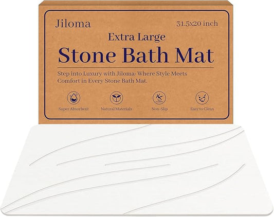 Jiloma Stone Bath Mat Diatomaceous Earth Shower Mat Non-Slip Super Absorbent Bathroom Floor Mat Quick Drying Natural Easy to Clean(24 * 16 White)