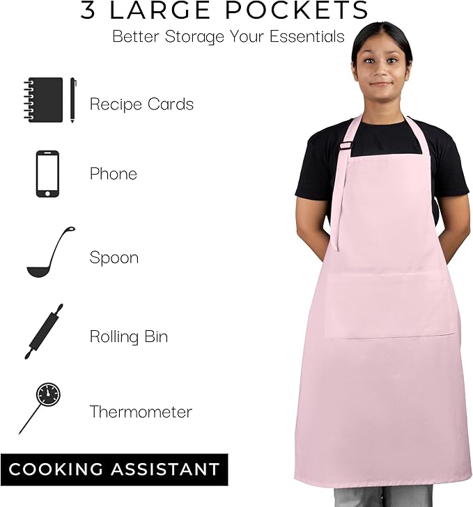 RAJRANG 100% Cotton Cooking Apron with 3 Pockets Kitchen Chef BBQ Adjustable Bib Aprons for Women Men