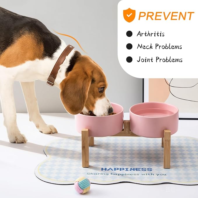 Elevated Ceramic Dog Bowl Set - Raised Dog Bowls with Non Slip Bamboo Stand, Food and Water Bowl Set for Kitty, Cats and Toy Breed Dogs, Pet Bowls, Weighted Dogs Dishes (5.1'', 2*16OZ, Pink)