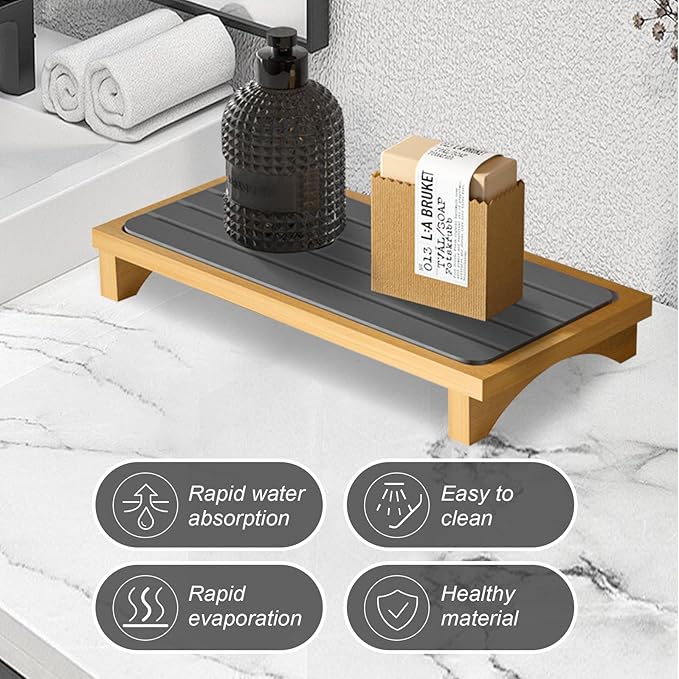 2PCS Water Absorbing Drying Tray with Wooden Base Stone Diatomaceous Stone Soap Dish Holder Quick Dry Sink Organizer for Kitchen Bathroom(White & Gray)