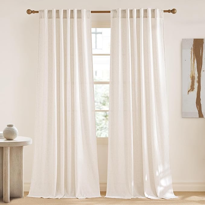NICETWON Linen Curtains for Living Room, Rod Pocket & Back Tab Semi Sheer Window Treatments Light Filtering Drapes Privacy for Bedroom, Vannila, W55 x L96, 2 Panels