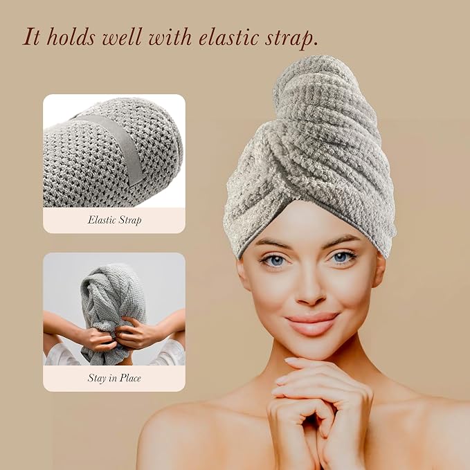 Simnice Extra Large Microfiber Hair Towel Wrap,Hair Towel Wrap with Elastic Strap,Ultra Soft, Super Absorbent,Multipurpose Bath Towel Alternative Hair Types