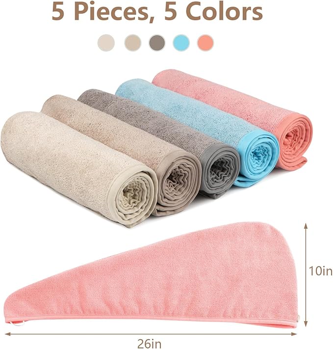 AIDEA Microfiber Hair Towel Wrap, 5 Pack Hair Turbans, Super Absorbent Quick Dry Hair Towel Wrap for All Hair Types Anti Frizz, Multicolor 26"×10"