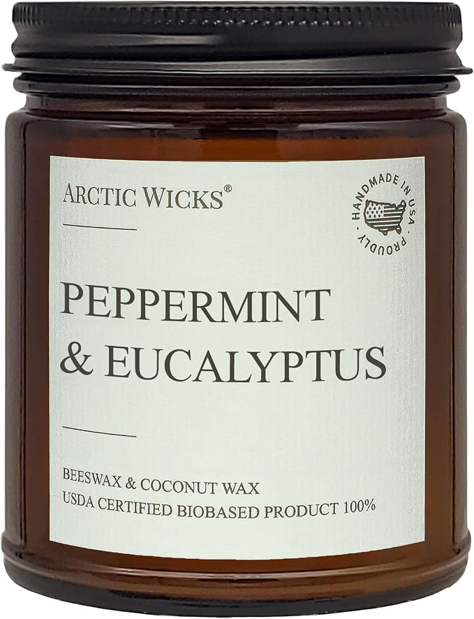 Arctic Wicks Scented Coconut Beeswax Candles | Coconut Beeswax Non Toxic Candle 9oz Amber | Farmhouse Candles Non-Toxic Clean Burn 100% USDA Certified Biobased (Peppermint & Eucalyptus)