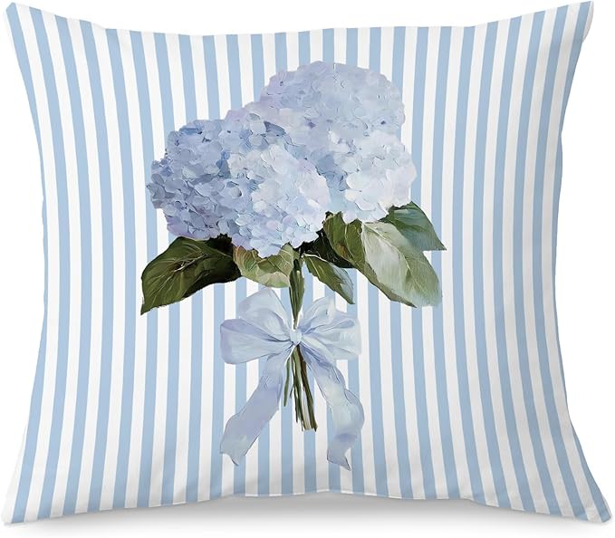 Coquette Blue Bow Hydrangea Floral 18x18 Pillow Cover, Blue Hydrangea Decor, Flower Striped Decorative Throw Pillow Cover for Girls Dorm Bedroom Living Room Home