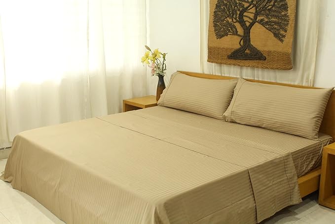 Organic Cotton Soft Sateen Stripe Bed Sheet Set - Luxury Hotel Quality - GOTS Certified - Deep Pocket - Easy Care - King (Khaki)