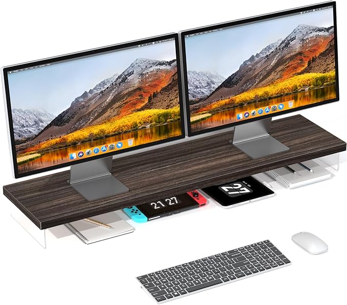 Dual Monitor Stand Riser, 40" Large Computer Monitor Stands for 2 Monitors, Wooden Desktop Organizer Shelf for Office Desk Computer, Laptop, TV, Monitor, Printer