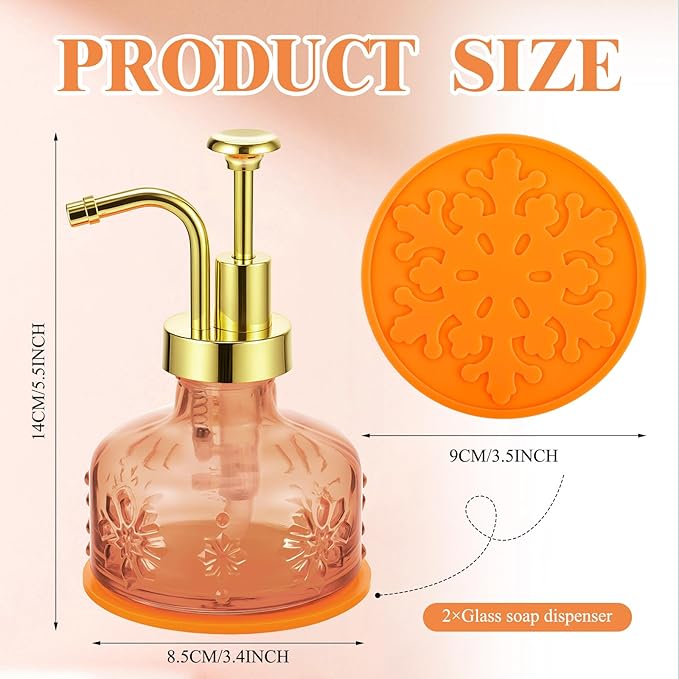 Tioncy 2 Pcs Antique Soap Dispenser Kitchen Bathroom Countertop Glass Soap Pump Dispenser Refillable Rustic Small Liquid Container with Non Slip Silicone Coaster(Orange)