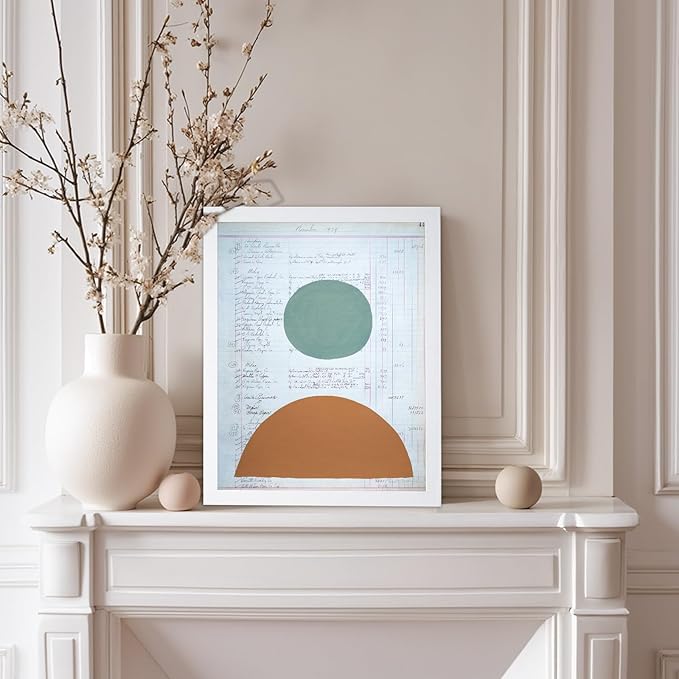 Monem Art Vintage Ledger Abstract Geometric Print - Modernist Teal and Ochre Art Poster - Wall Decor for Office, Living Room or Studio - 12x16 White Framed Wall Art by Renee Stramel