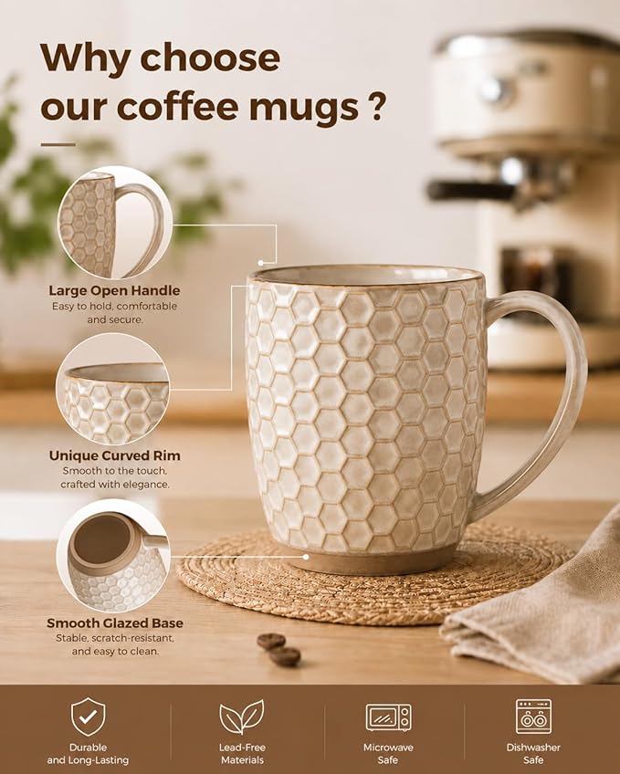 GBhome Large Coffee Mugs Set of 4, 16oz Handmade Embossed Coffee Mugs Set with Large Handle for Cappuccino/Latte/Tea/Hot Cocoa, Dishwasher & Microwave Safe, Khaki