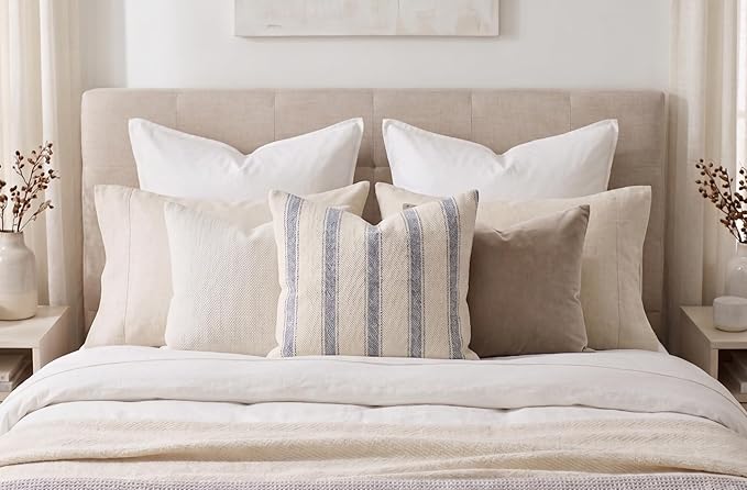 SanVia Cotton Throw Pillow Covers 20x20 – Handwoven Jacquard Texture, Fade-Resistant, No Pilling – Hidden Zipper, Decorative Cushion Cover for Sofa, Couch, Bed – Insert Not Included (Striped, White)