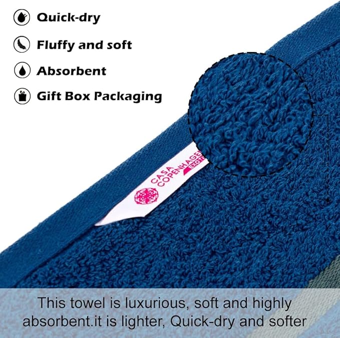 CASA COPENHAGEN Exotic 6Pcs 100% Egyptian Cotton Towels Gift Set- Navy Blue, 550GSM, 2Bath 2Hand 2Washcloths, Towels for Bathroom (Box Pack, Set for Women & Men)