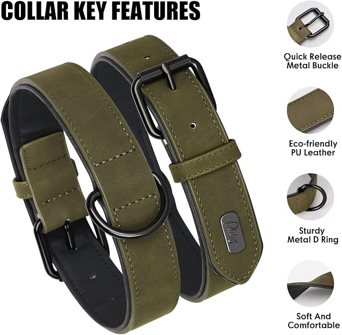 Didog Soft Padded PU Leather Dog Collar, Breathable and Adjustable Dog Collars for Medium Dogs, Comfortable for Daily Walk, Dark Green, L Fit Neck 14-18"(22-44 lbs)