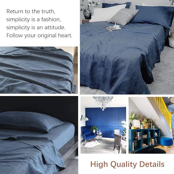 BISELINA Linen Sheet French Flax Flat Sheet Only 55% Euro Linen 45% Cotton Basic Style Solid Color Soft Breathable Farmhouse Top Sheet 1-Piece (King, Navy Blue)