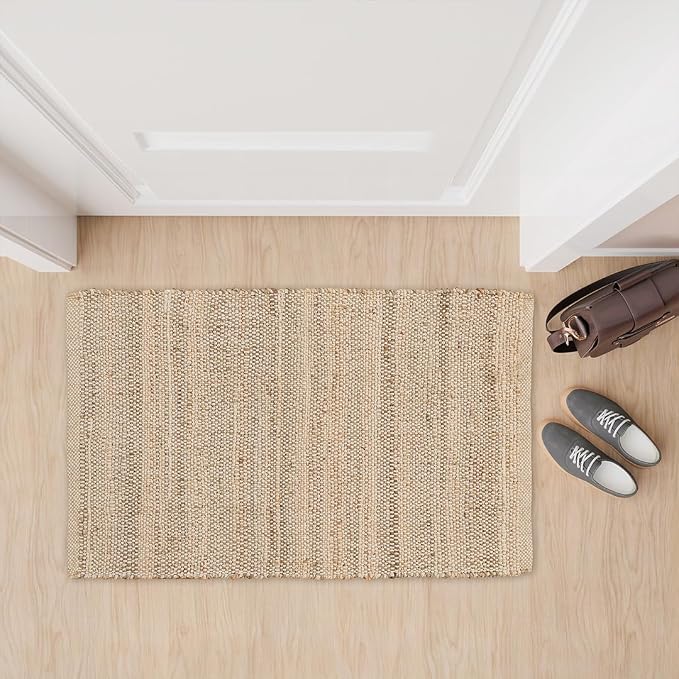 HOMEMONDE Jute Cotton Door Mat Hand Woven Rug 2 x 3 ft - Rectangle Natural Fiber Farmhouse Style Braided Rug for Entryway, Bedroom, Living Room, Hallway